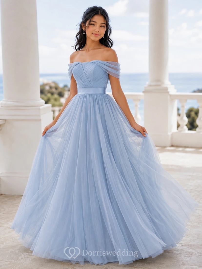Himmelblaues Junior-Brautjungfernkleid, Ballkleid, schulterfrei, Blütenblattärmel, Tüll, romantisch