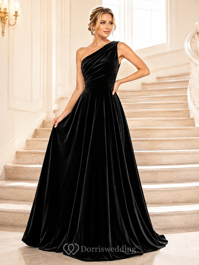 Black Velvet One Shoulder Sleeveless Draped A-Line Floor Length Sweep Train Formal Gown