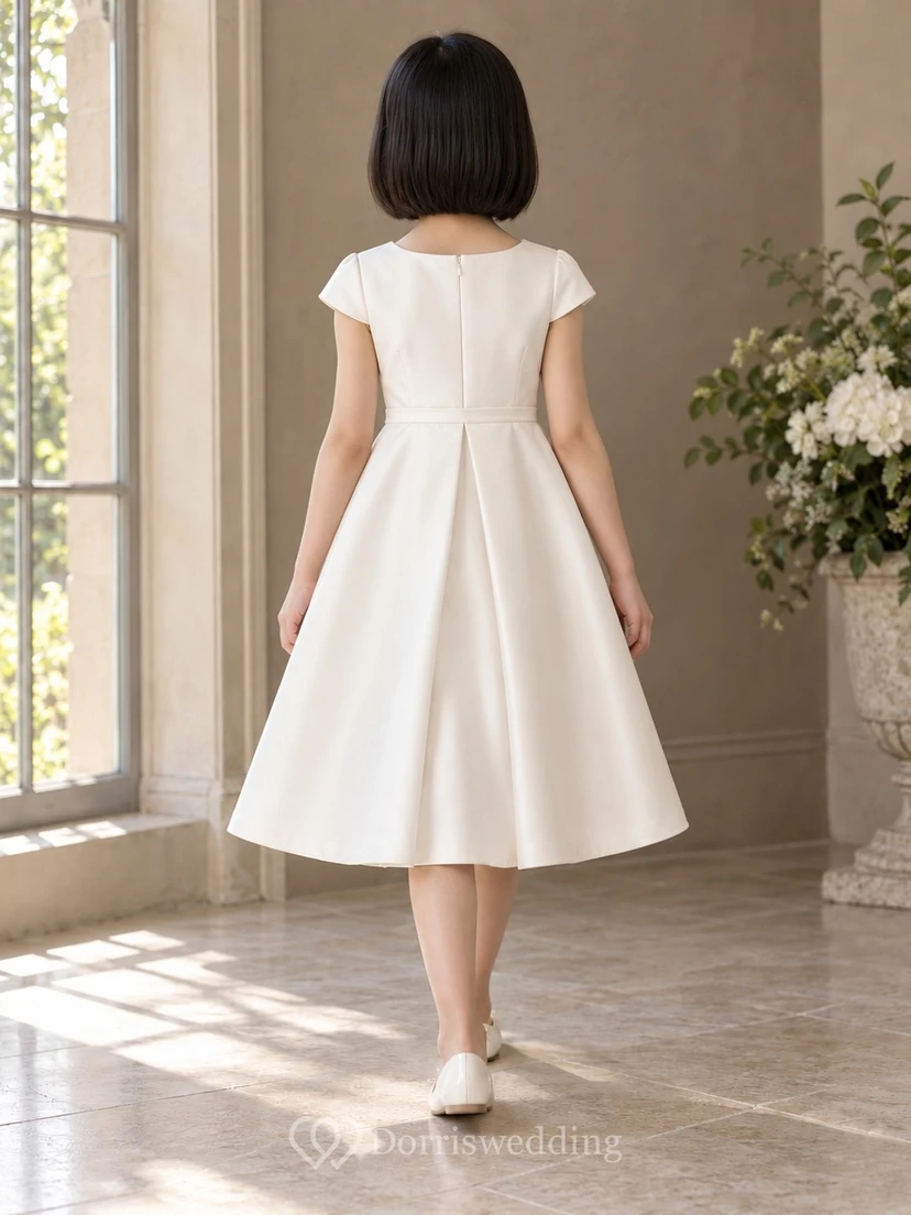 Einfaches, wadenlanges, elfenbeinfarbenes Blumenmädchenkleid mit breiten Falten view 2