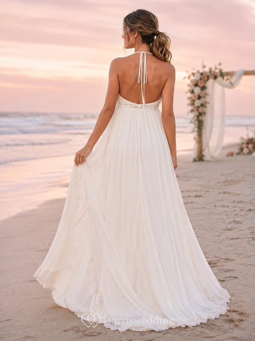 Vestido de novia de playa con escote halter y abertura frontal para embarazadas view 2