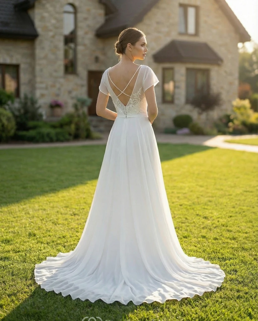 Cap Sleeve Chiffon A-Line Gown with Deep-V Back view 2
