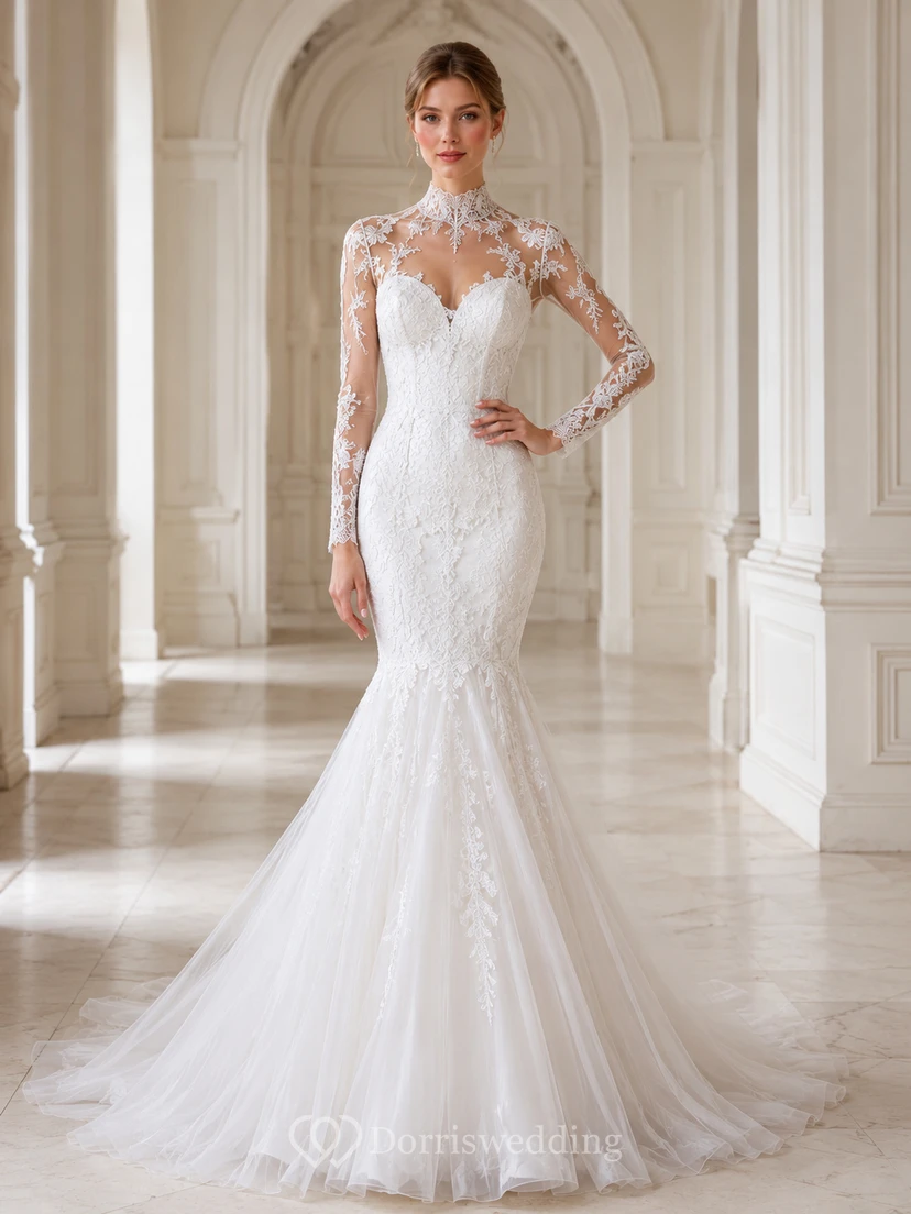 Robe de mariée sirène vintage à col montant, manches longues et dentelle illusion, traîne de cour