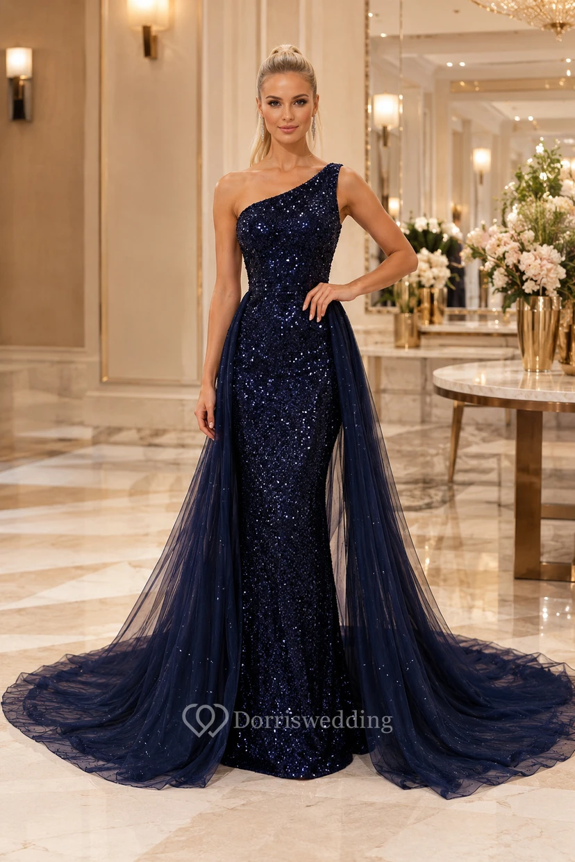 Robe fourreau bleu marine à sequins avec surjupe en tulle
