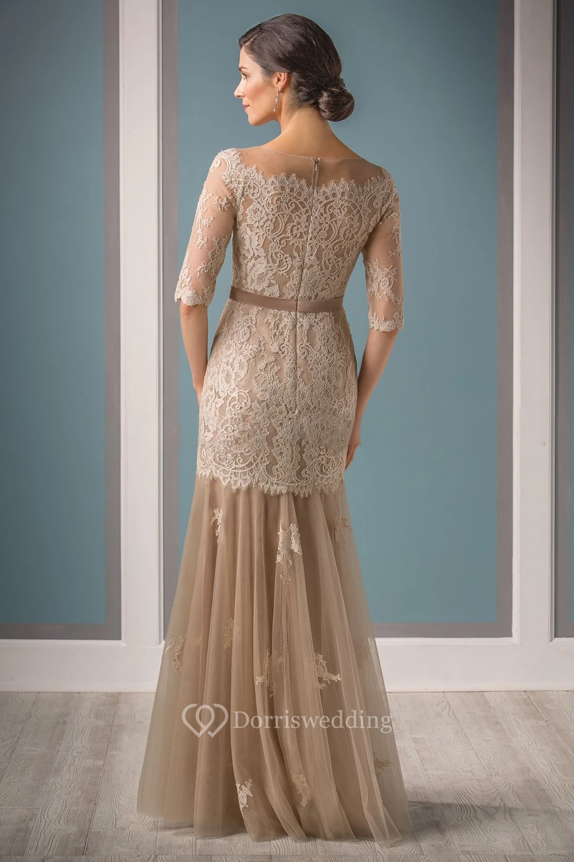 Half-Sleeved Mermaid Mother Of The Bride Dress With Appliques And Dropped Waist view 2