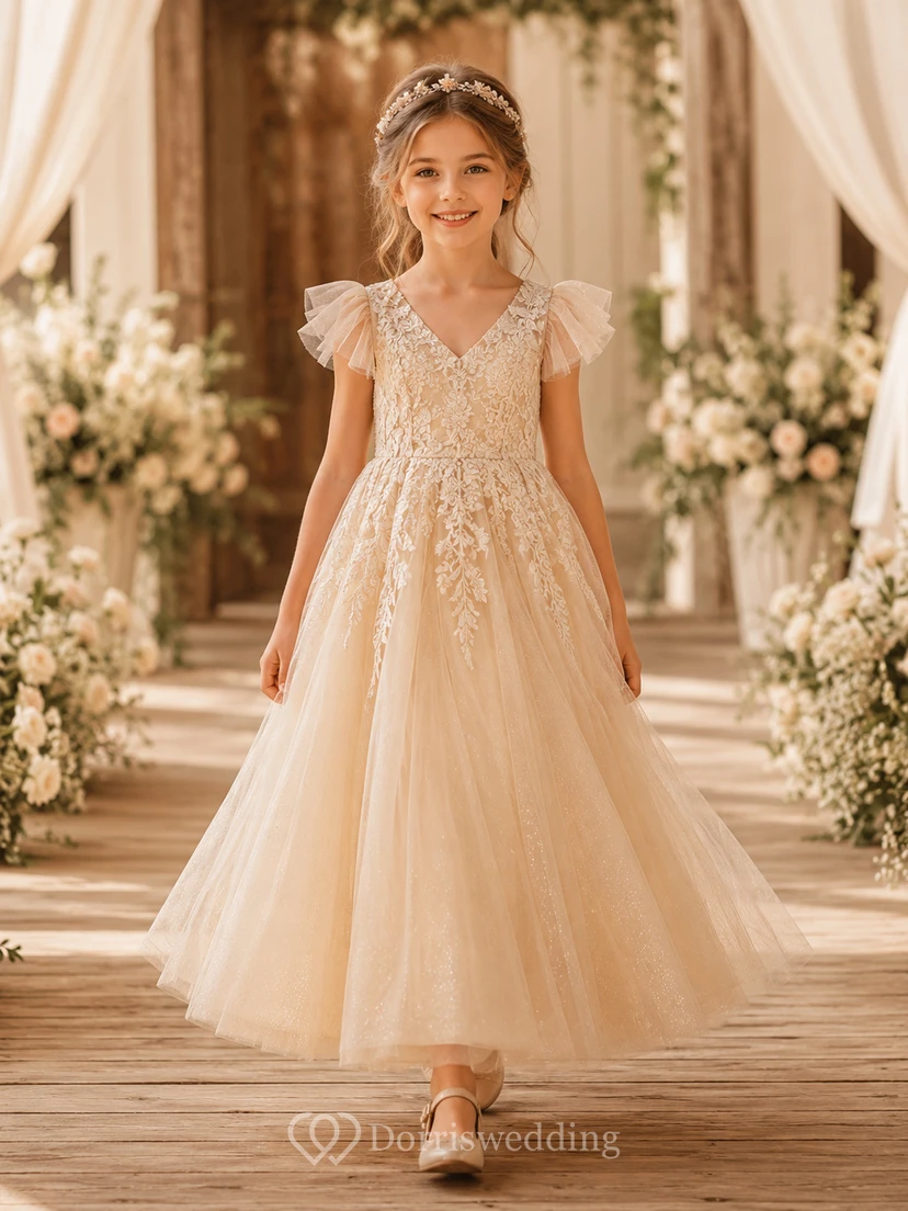 Flower Girl Dress Champagne Lace Tulle A-Line Jewel Neck Tea Length