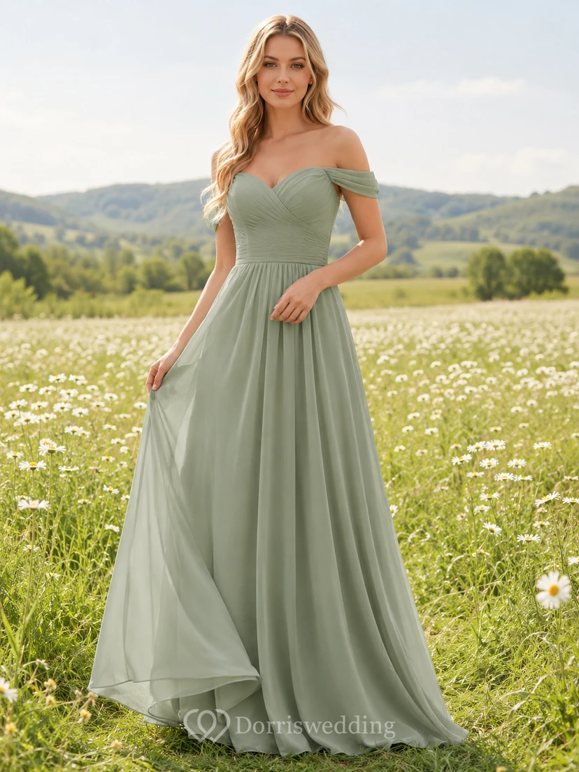 Sage Chiffon A-Line Off-Shoulder Sweetheart Short Sleeve Pleated Zip Back Floor-Length Bridesmaid Dress