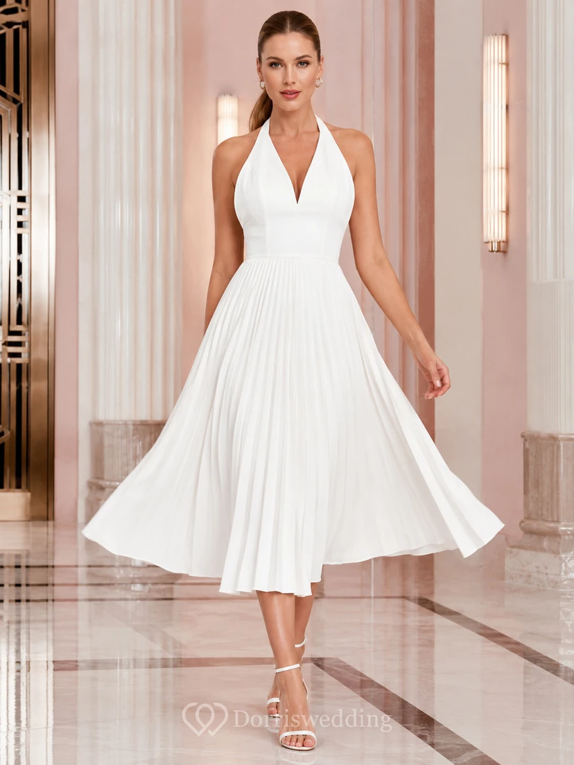 Marble Swing White A-Line Tea-Length Halter Sleeveless Chiffon Vintage Cocktail Dress