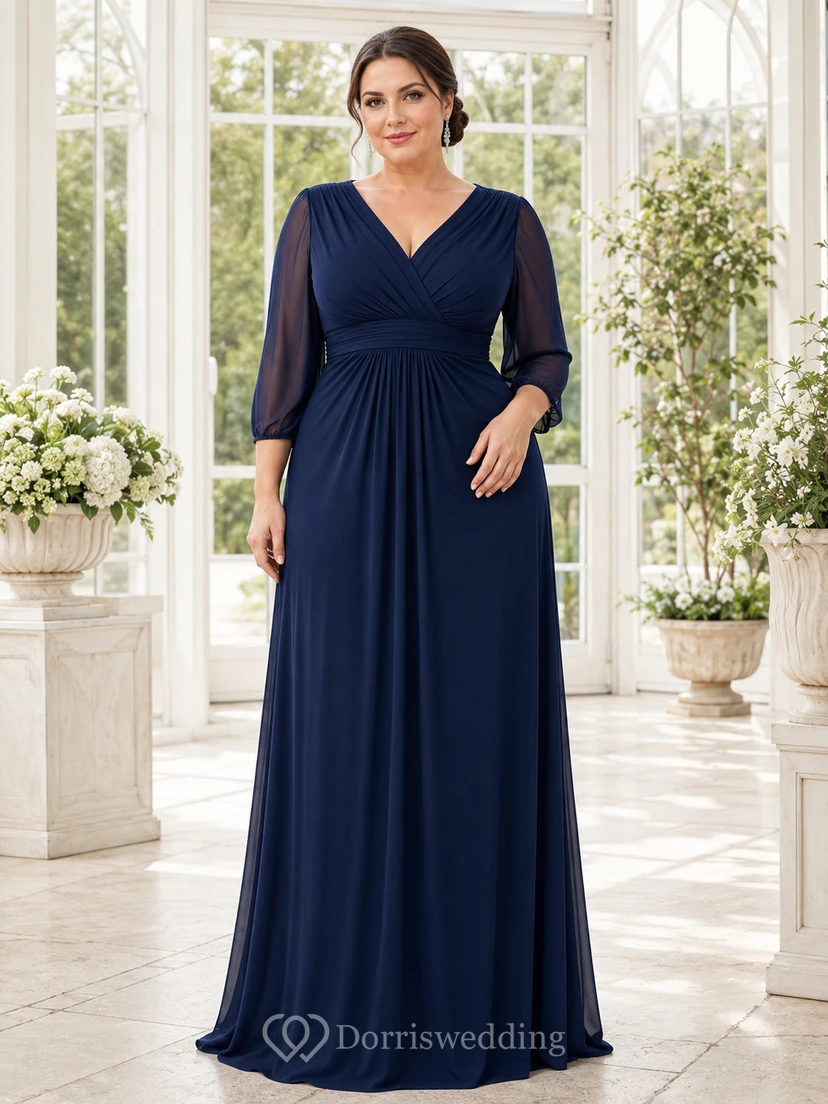 Plus Size Navy V Neck Illusion Sleeve Floor Length A Line Gown
