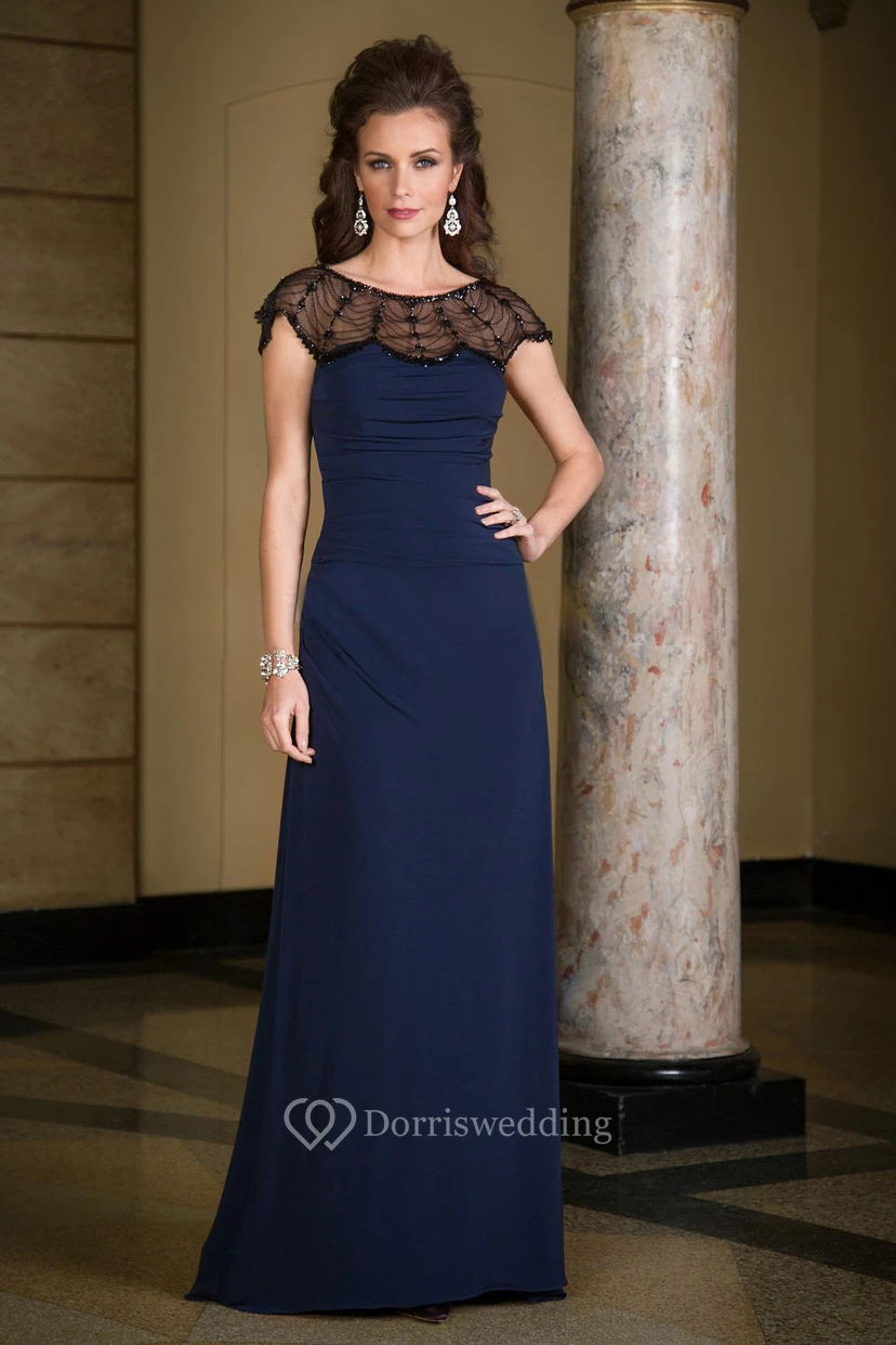 Cap-Sleeved Long Mother Of The Bride Dress With Illusion Beaded Neck