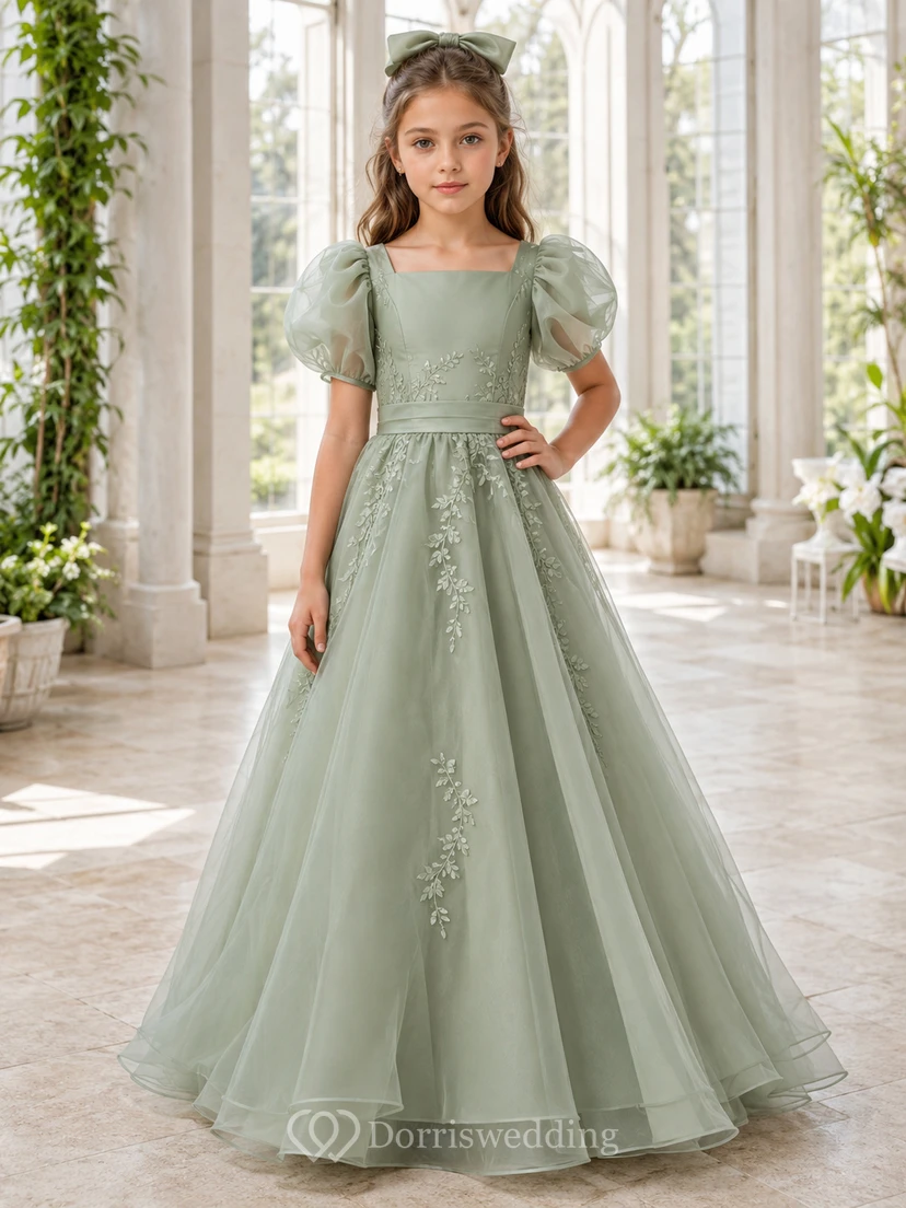 Robe de demoiselle d'honneur en dentelle sauge et tulle, coupe trapèze, col rond, longueur au sol