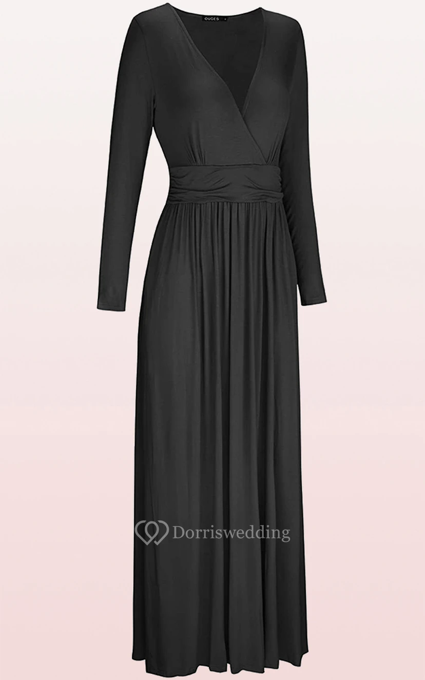 Ethereal Jersey V-neck A Line Guest Formal Dress With Pockets view 3