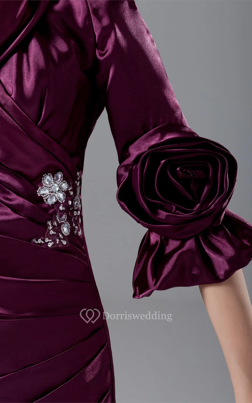 Exquisites, seitlich gerafftes, langärmeliges Kleid mit Perlenstickerei und Blumenmuster view 6