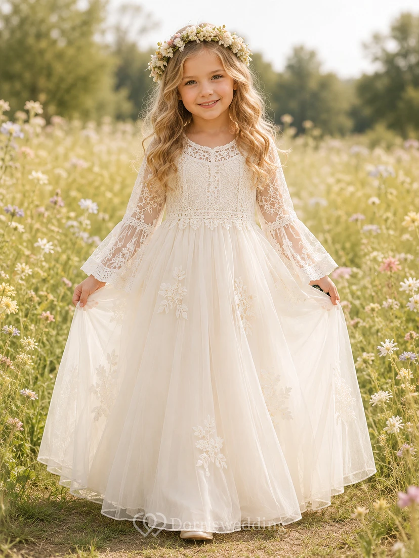 Vestido de niña de flores largo estilo bohemio romántico con corte en A, tul, encaje, mangas acampanadas y apliques florales.