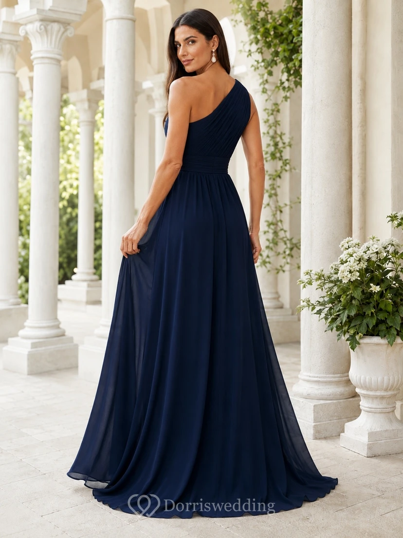 Navy One Shoulder Satin Slit Mermaid Gown Classic view 2