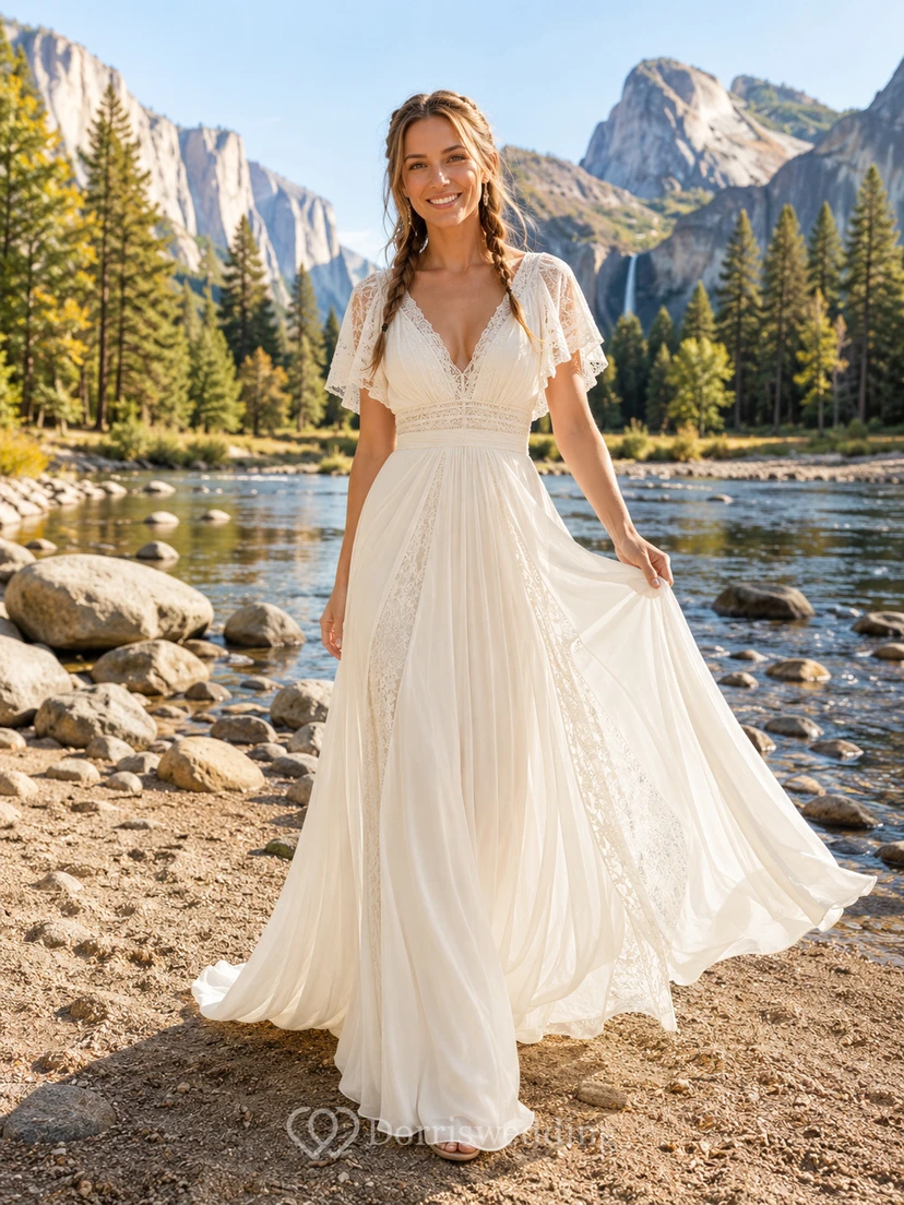 Robe de mariée Riverside en mousseline de soie à manches pétales, col en V, coupe trapèze, traîne, en dentelle.