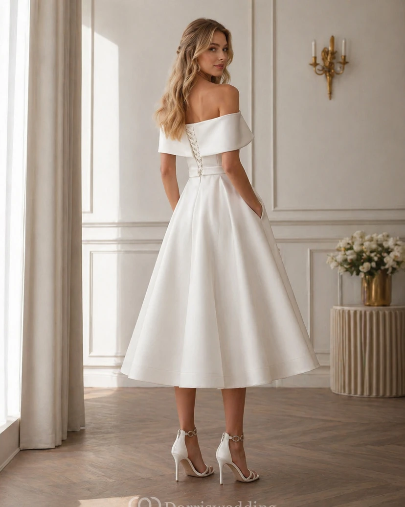 Elegantes schulterfreies Empire-A-Linien-Brautkleid aus Satin in Teelänge view 2