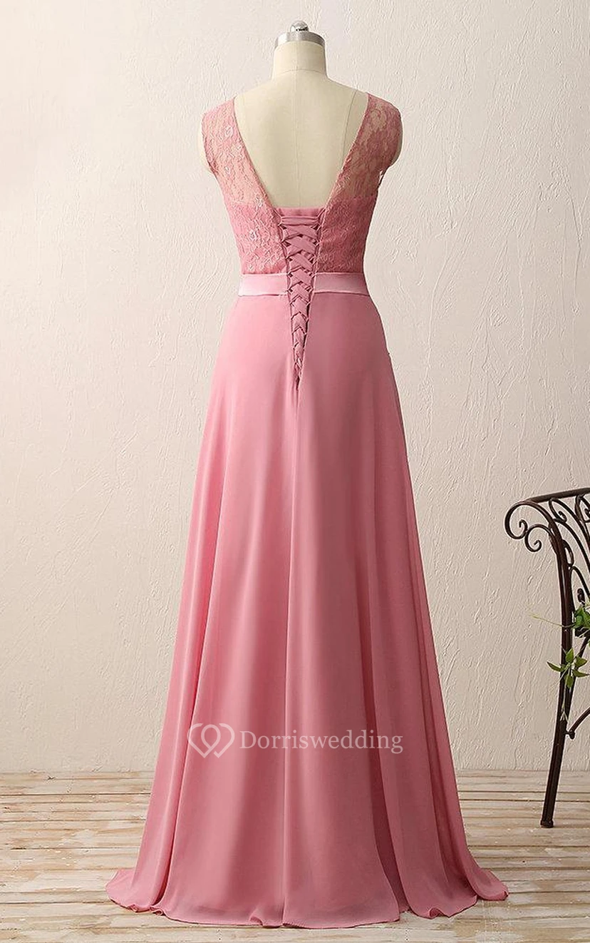 A-line Floor-length Chiffon Lace Satin Dress view 2