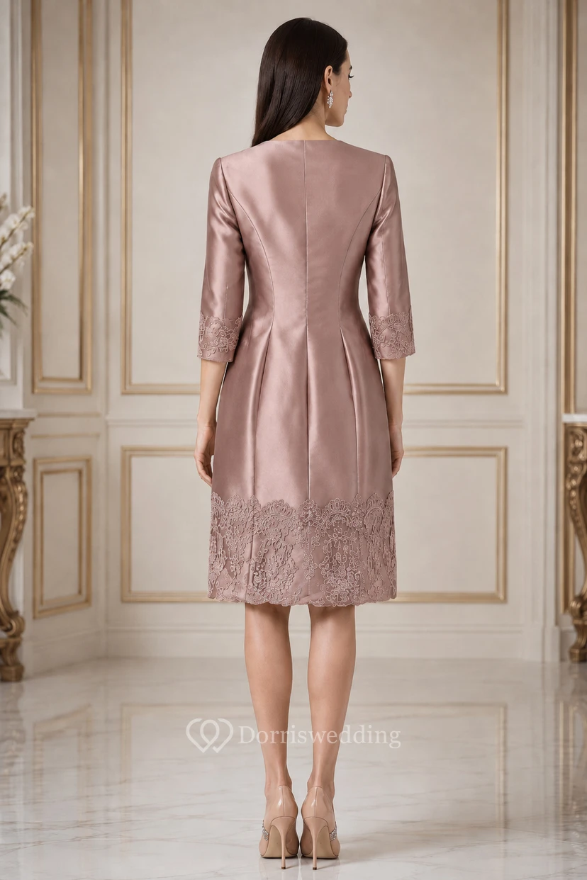 Jewel A-line Knee-length 3-4 Length Sleeve Satin Mother of the Bride Dress with Zipper Back view 2