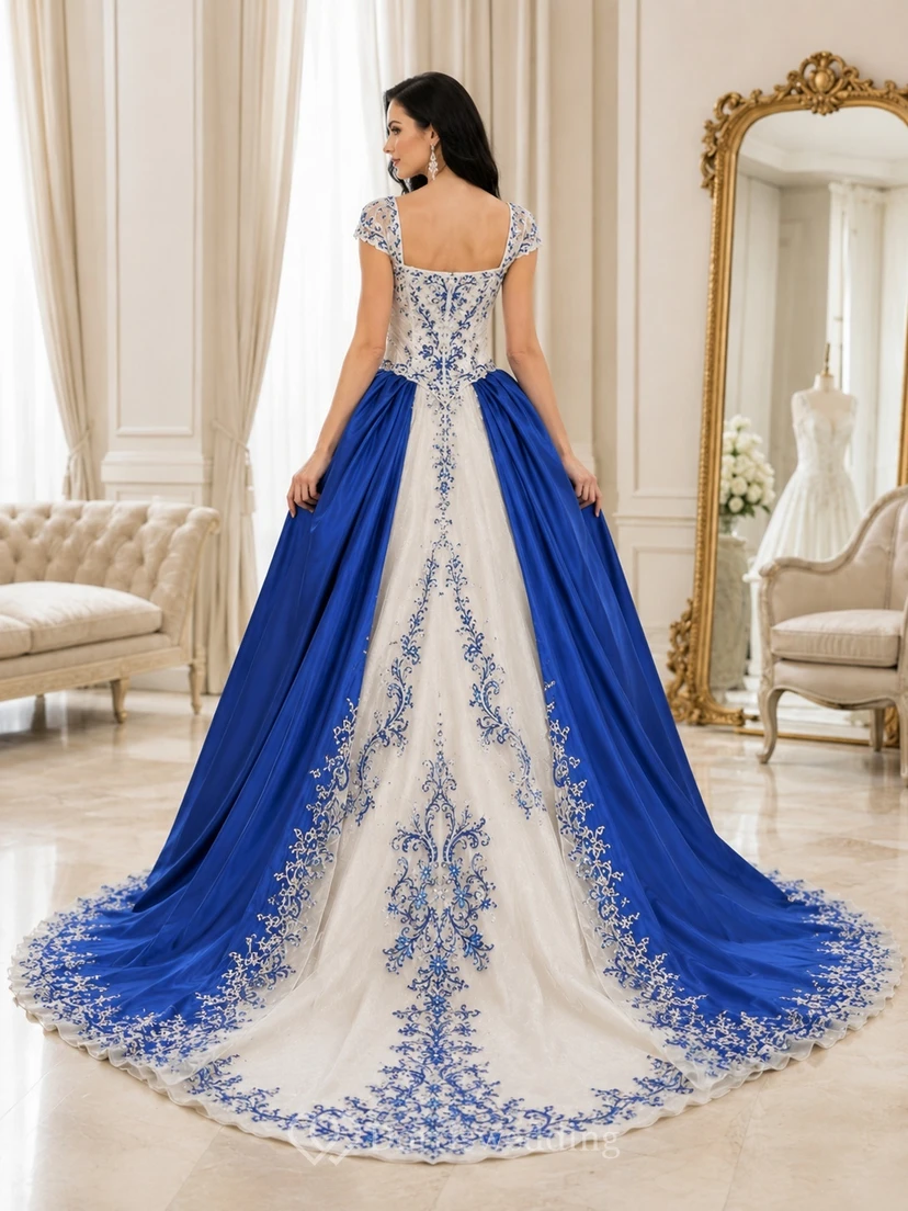 Elegantes, königsblaues Ballkleid mit drapiertem Schleier, eckigem Ausschnitt, kurzen Ärmeln und Tüll view 2