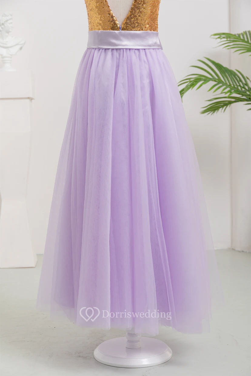 Two-Tone Scoop-neck Empire Tulle A-line Flowergirl Dress with Bow view 8