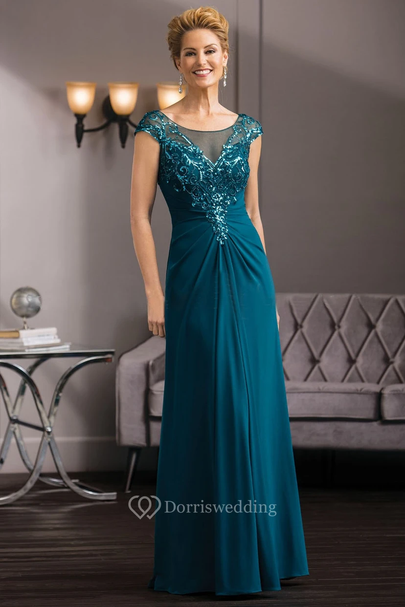 Cap-Sleeved Long Gown With Sequins And Illusion Back
