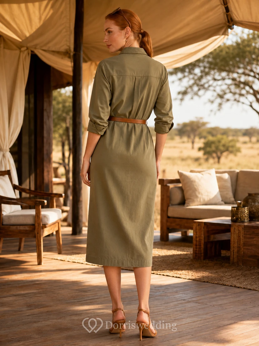 Olive khaki long sleeve belted safari shirt dress view 2