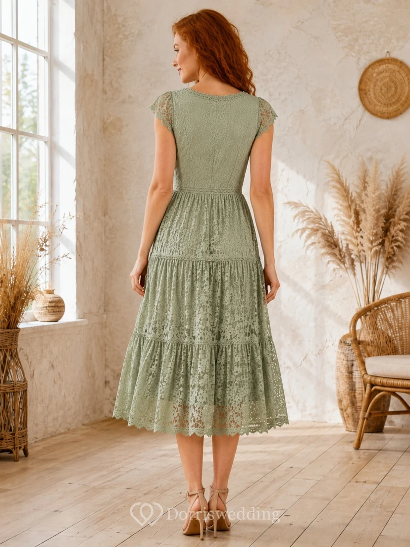 Sage Lace Square Neck Cap Sleeve A-Line Tea-length Bohemian Romantic Garden Elegant Dress view 2