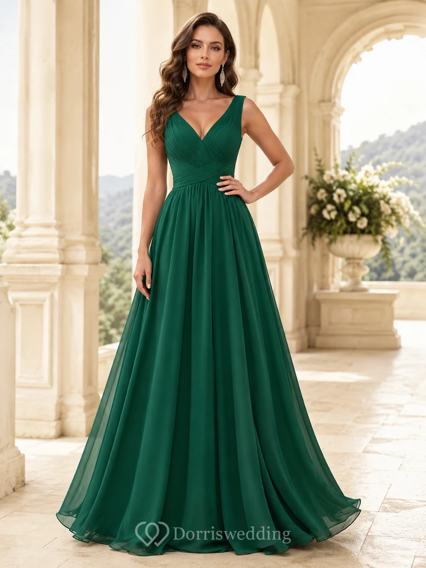 Dunkelgrünes Chiffon-Abendkleid in A-Linie mit V-Ausschnitt