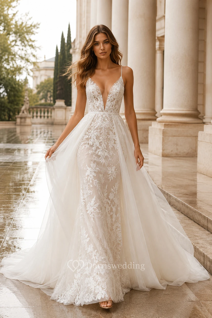 V-Neck Lace A-Line Wedding Dress with Tulle Overskirt Train