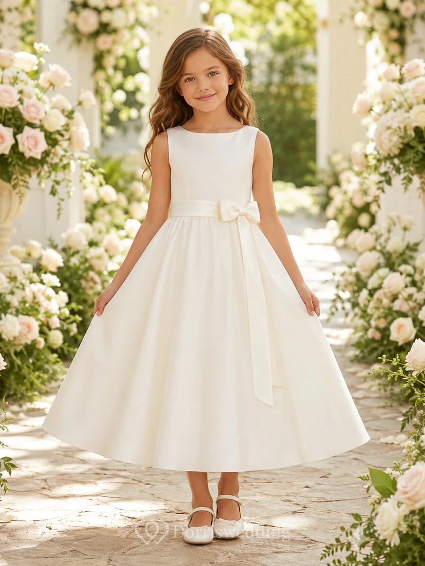 Classic Tulle with Bow A-Line Flower Girl Dress with Short Sleeves, Jewel Neck, Tea-Length Skirt and Bow Detail