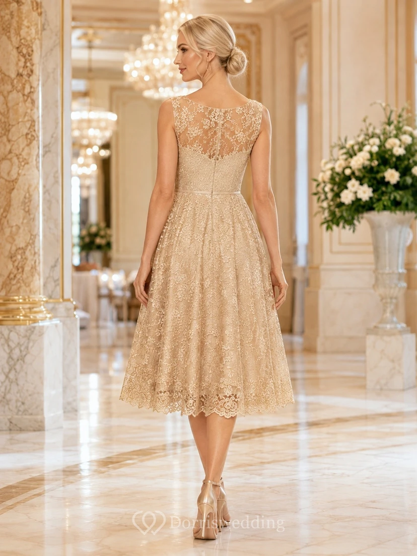 Champagne Lace Sweetheart Sleeveless Embroidered Tea-Length Formal Dress view 2