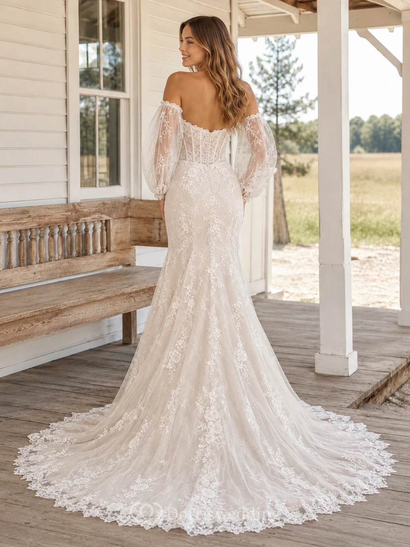 Country Off Shoulder Long Puff Sleeve Floral Lace Mermaid Chapel Train Wedding Dress view 2
