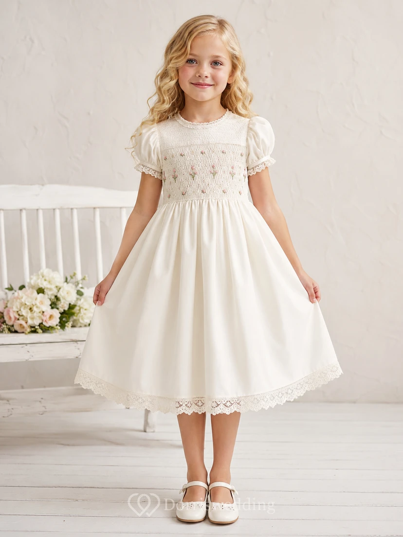 Hand-Smocked Vintage Floral Embroidered Puff Sleeve Satin Lace A-Line Knee-Length Flower Girl Wedding Dress