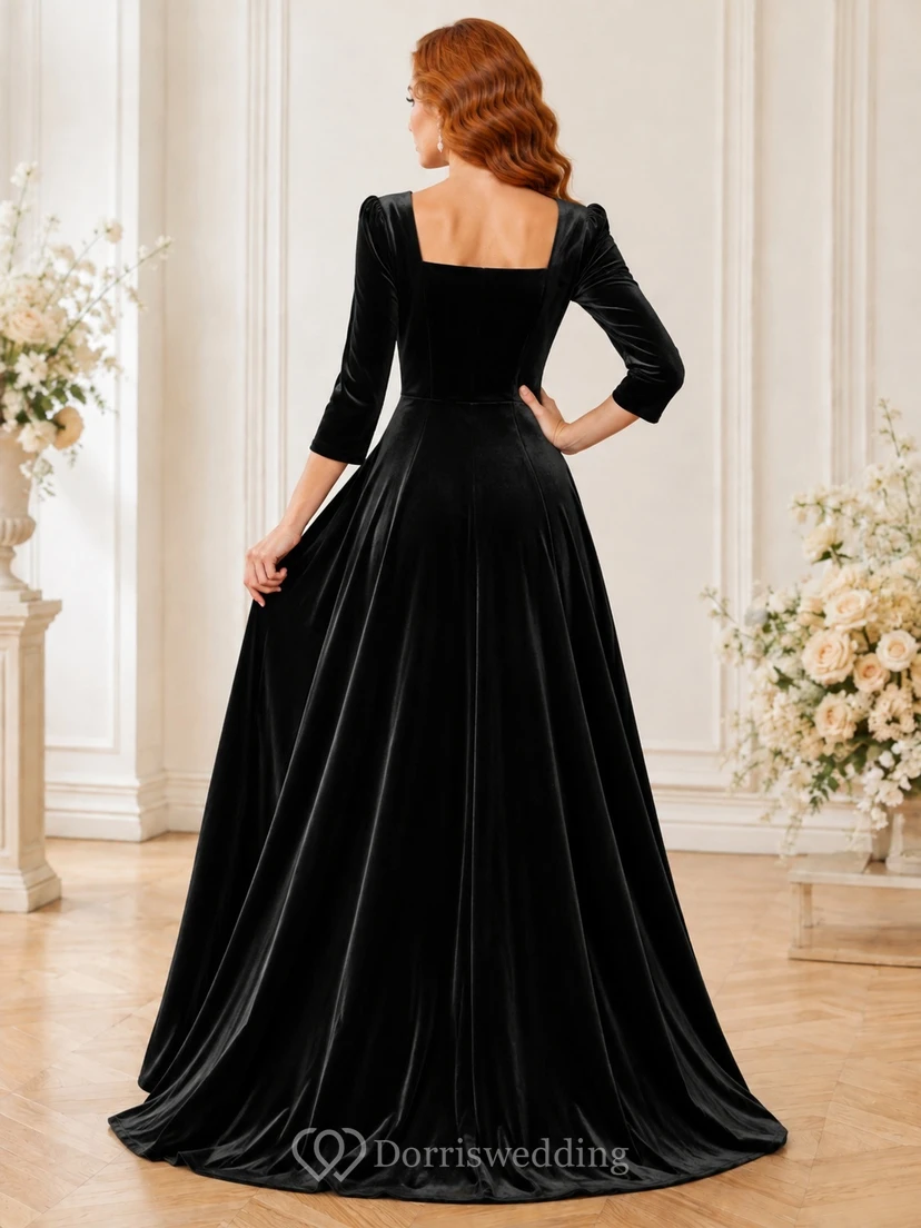 Black Square Neck Three-Quarter Sleeve Velvet A-Line Floor-Length Formal Gown view 2