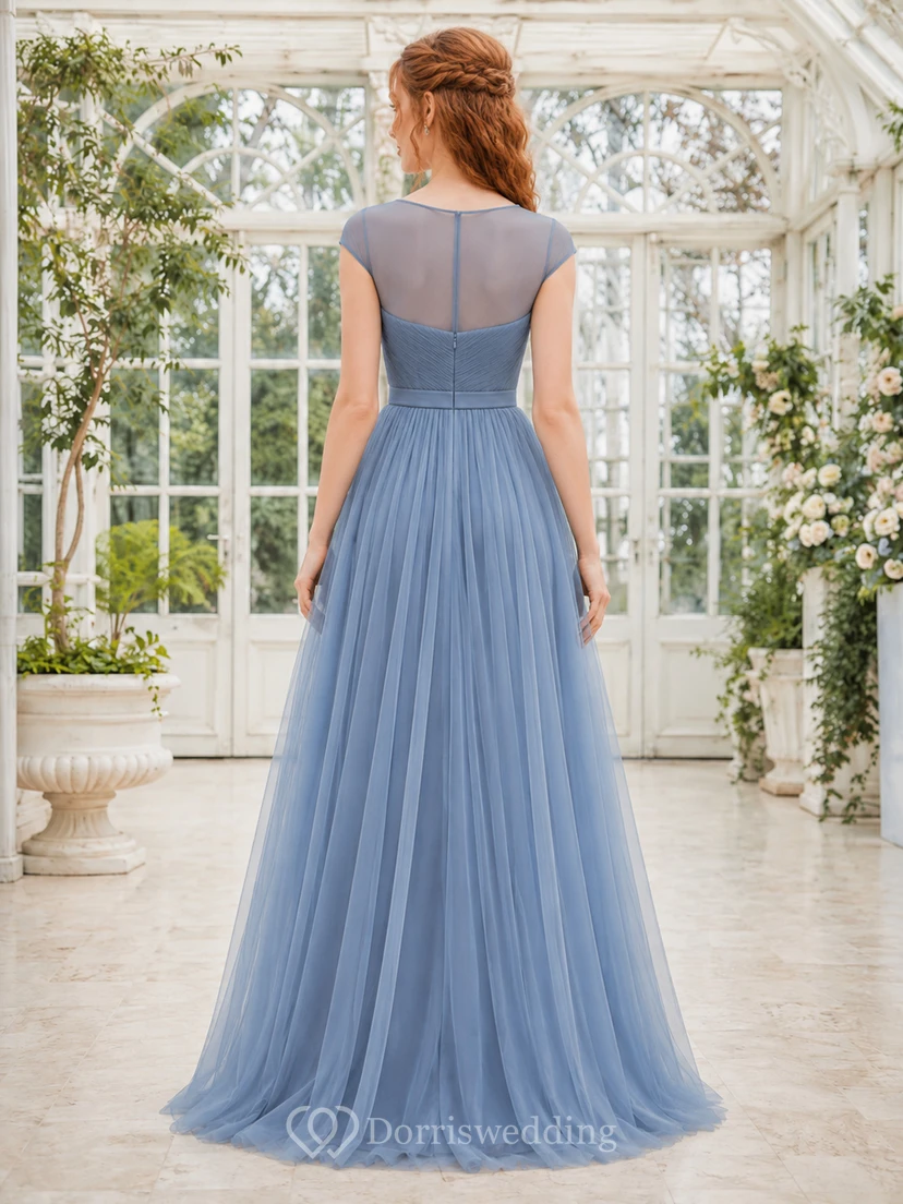 Steel Blue Cap Sleeve Tulle A-Line Dress view 2