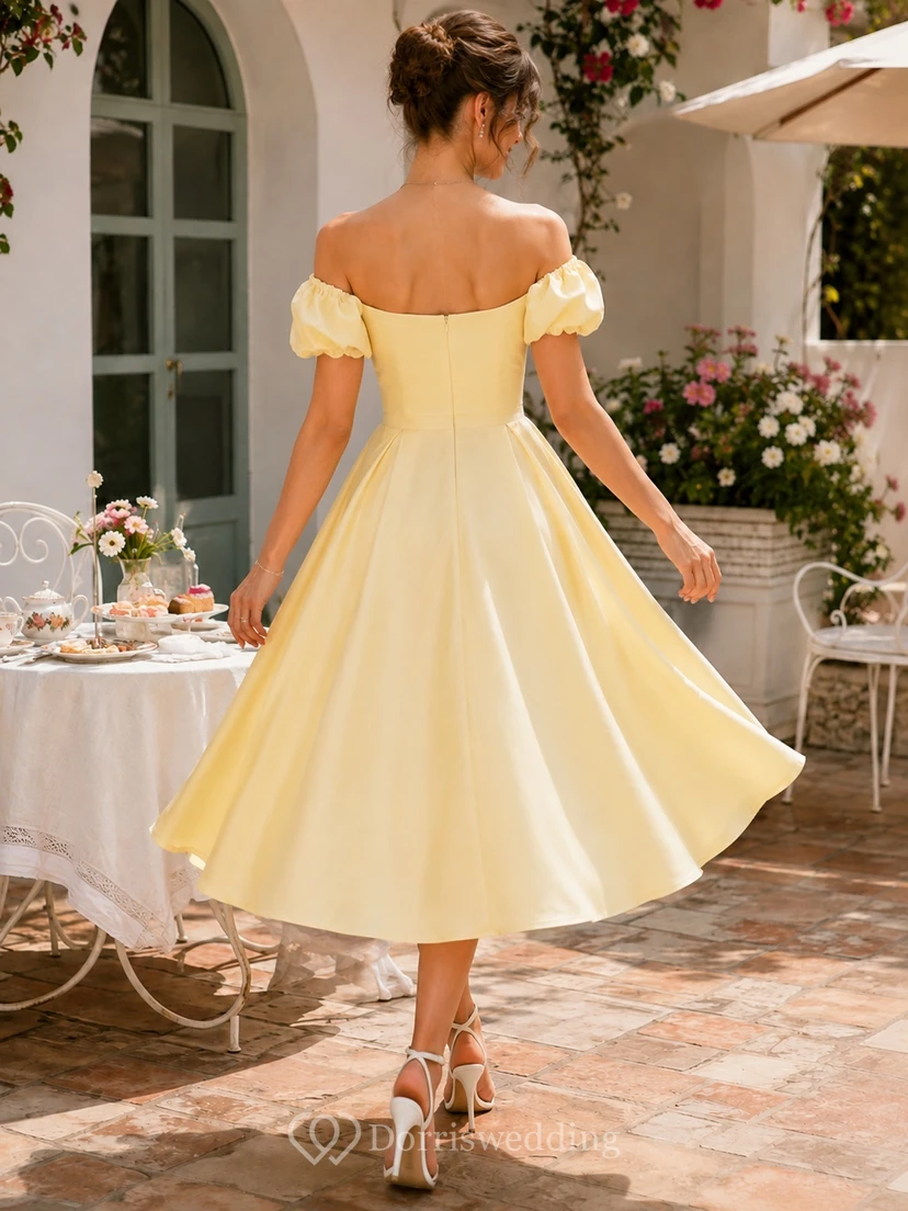 Daffodil Satin Off-the-shoulder Puff Sleeve A-Line Tea-Length Vintage Dress view 2