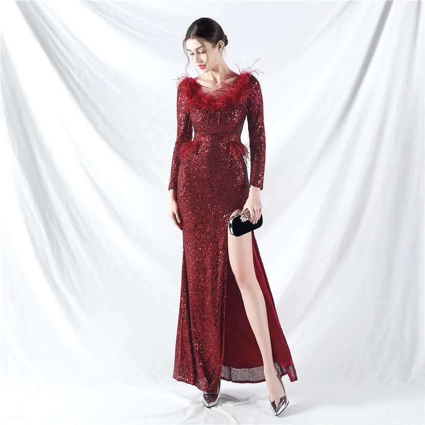 Craft-Made Ostrich Feather Long-Sleeved Beads Evening Dress view 27