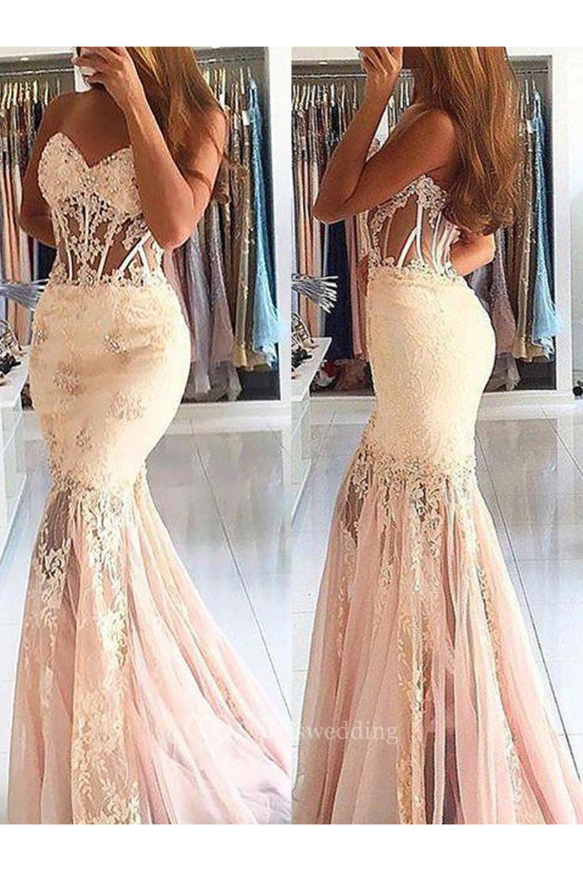 Robe sirène trompette en dentelle tulle décolleté cœur sans manches à fermeture éclair