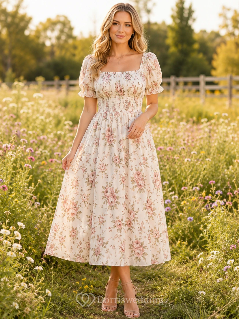Floral Smocked Waist Square Neck Prairie Midi Dress