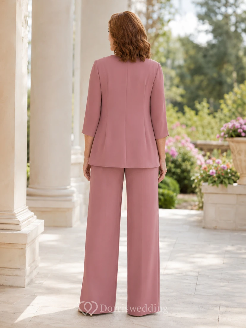 Dusty Rose Mother Pantsuit with Chiffon Jacket, Pleated Bodice and Wide Leg Pants view 2