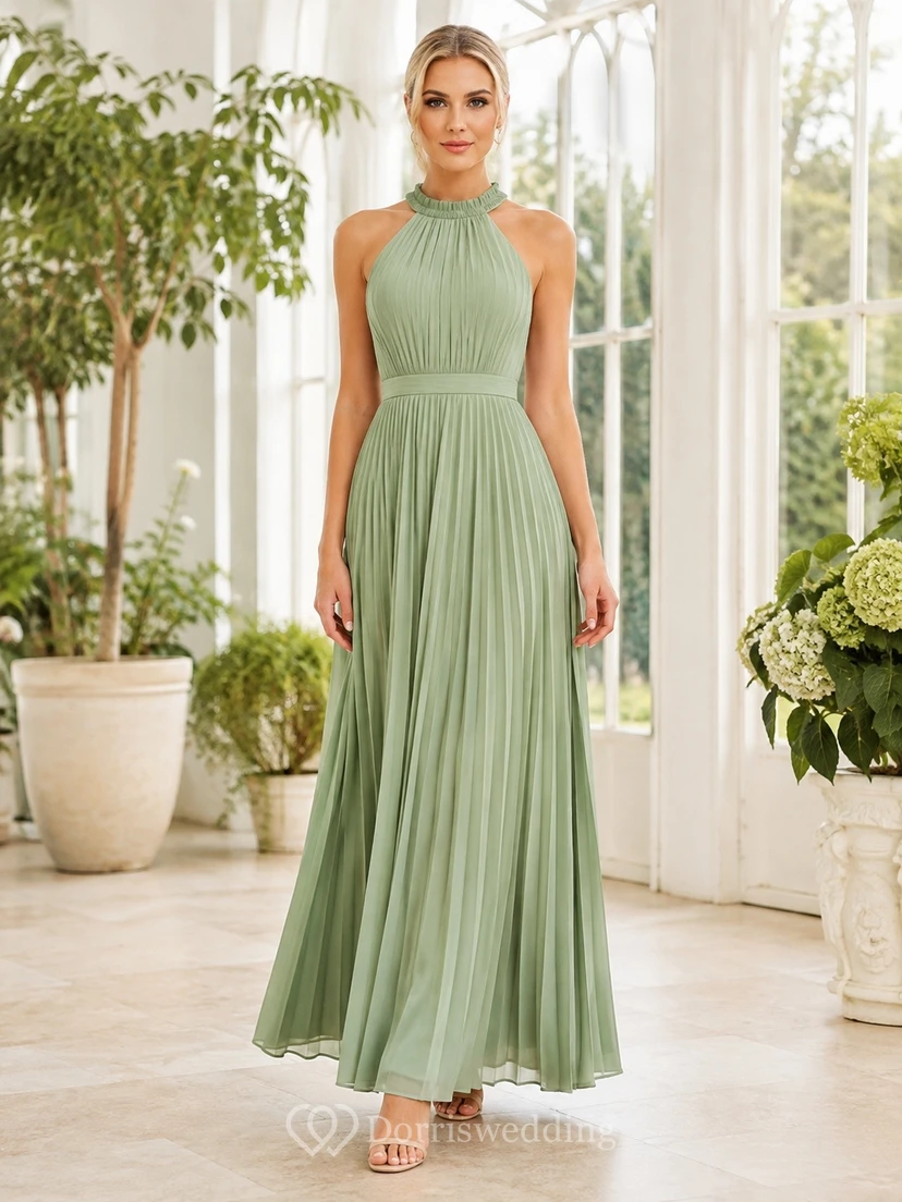 Sage Green High Neck Sleeveless Chiffon A-Line Floor-Length Dress