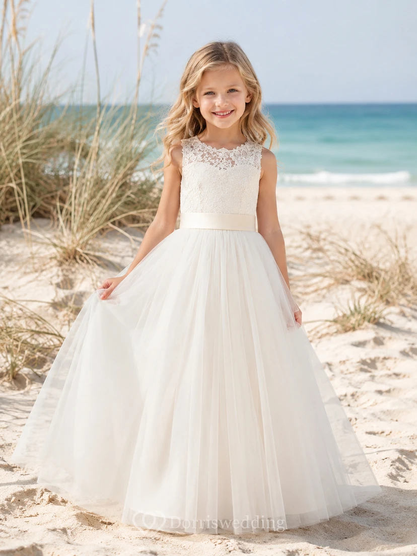 Vestido de niña de las flores de corte A para verano, ideal para ceremonias en la playa, con corpiño de encaje sin mangas, falda vaporosa de tul y dobladillo hasta el suelo.