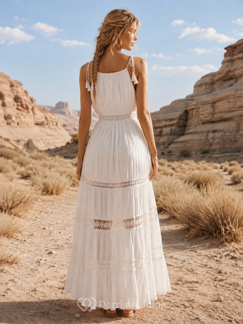 White Halter Sleeveless Tiered Lace Panel Chiffon Maxi Dress view 2
