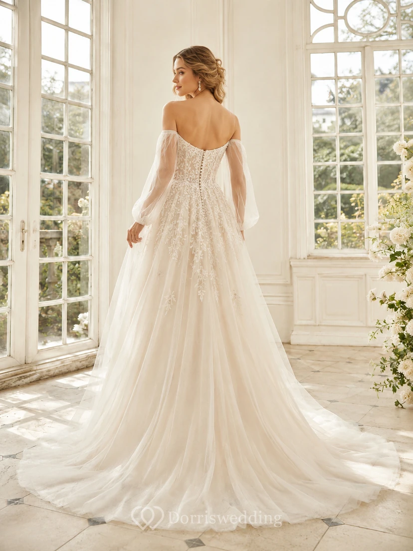 Robe de mariée de luxe en dentelle florale, épaules dénudées, manches longues, coupe trapèze, traîne chapelle, style A, en dentelle florale, luxueuse view 2