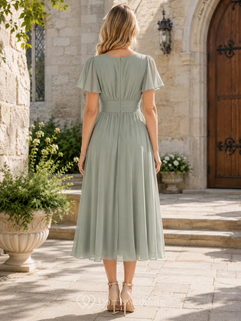 Church Sage V-Neck Chiffon A-Line Tea-Length Short Sleeve Guest Dress view 2