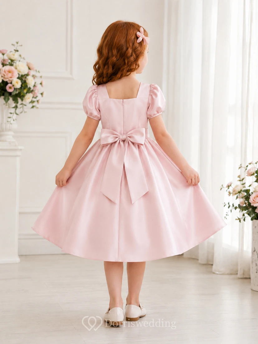 A-Line Flowergirl Satin Tea-Length Puff Sleeve Pink Minimalist Wedding Dress with Bow Back view 2