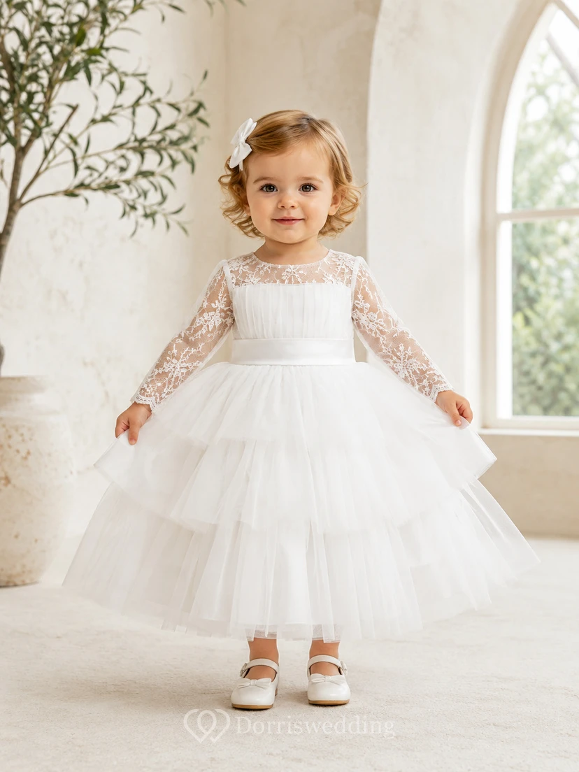 Layered Tulle Baby Baptism A-Line Long Lace Sleeve Tea-Length Dress Modest