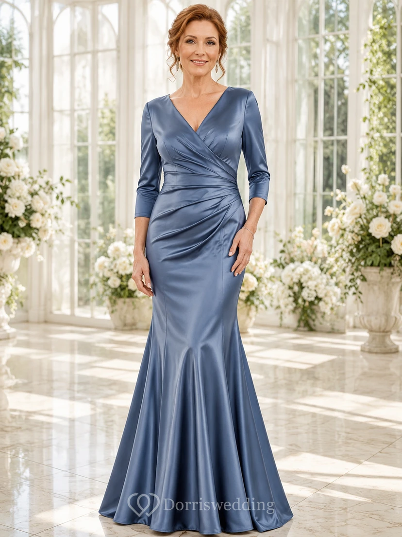 Steel Blue Modest V-Neck Stretch-Satin Mermaid Floor-Length Mother of the Bride Dress with Three-Quarter Sleeves