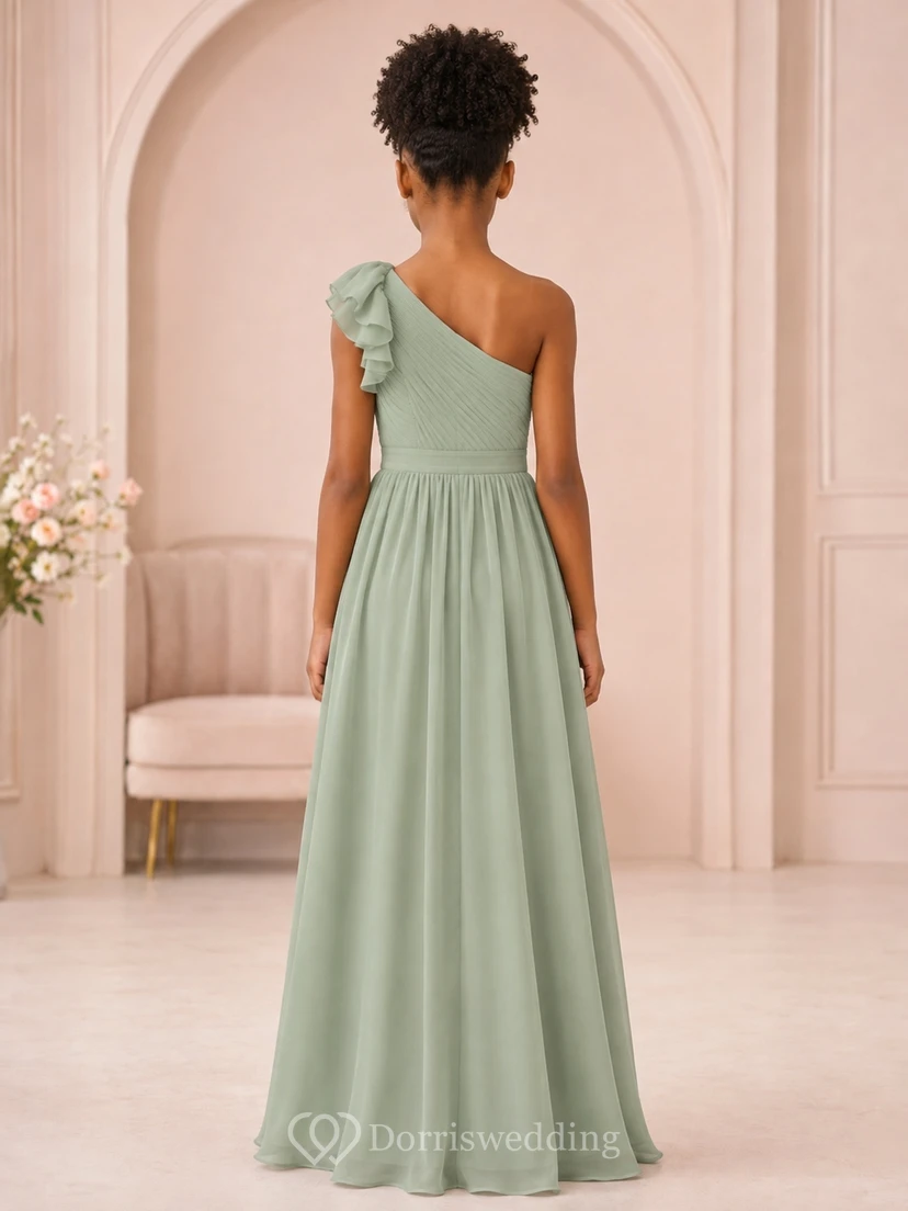 Dusty Celadon Junior Bridesmaid Dress A-Line One-Shoulder Short Sleeve Ruffled Romantic Formal view 2