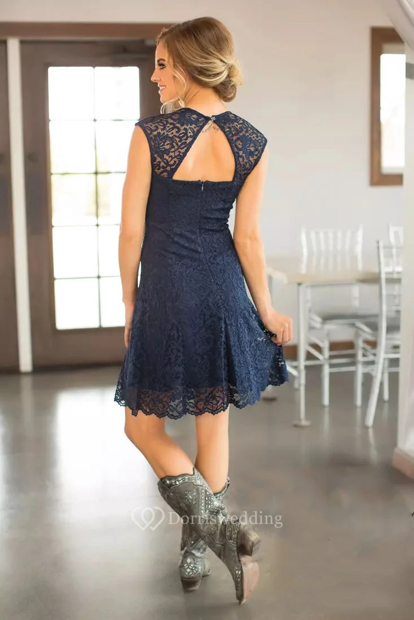 Romantic Adorable Short Mini Sheath Square Lace Simple Sleeveless Keyhole Blue Bridesmaid Dress view 3